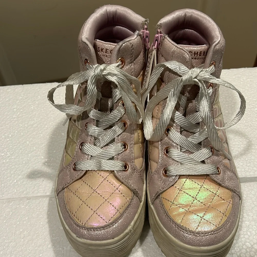 Skechers pink glittery quilt lace up/zip Hi Top platform sneakers women size 5